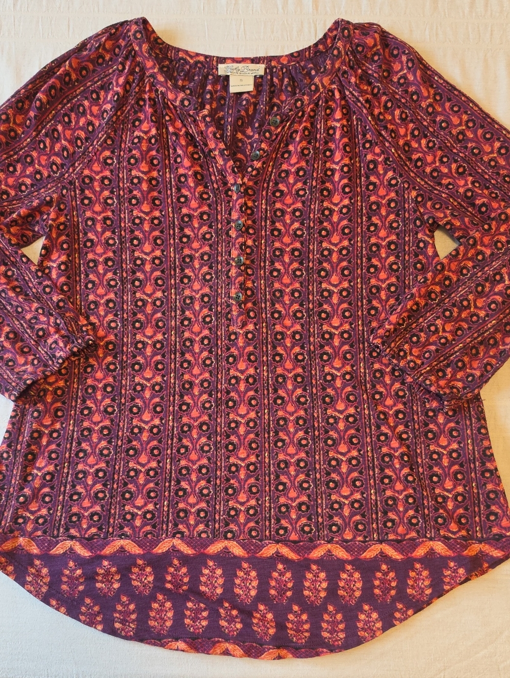Lucky Brand Purple & Coral Print Henley Peasant BlouWomen's Size Small